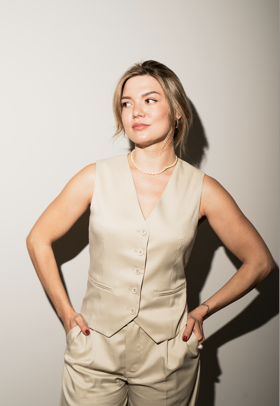 Sandstone Beige Waistcoat - On Model